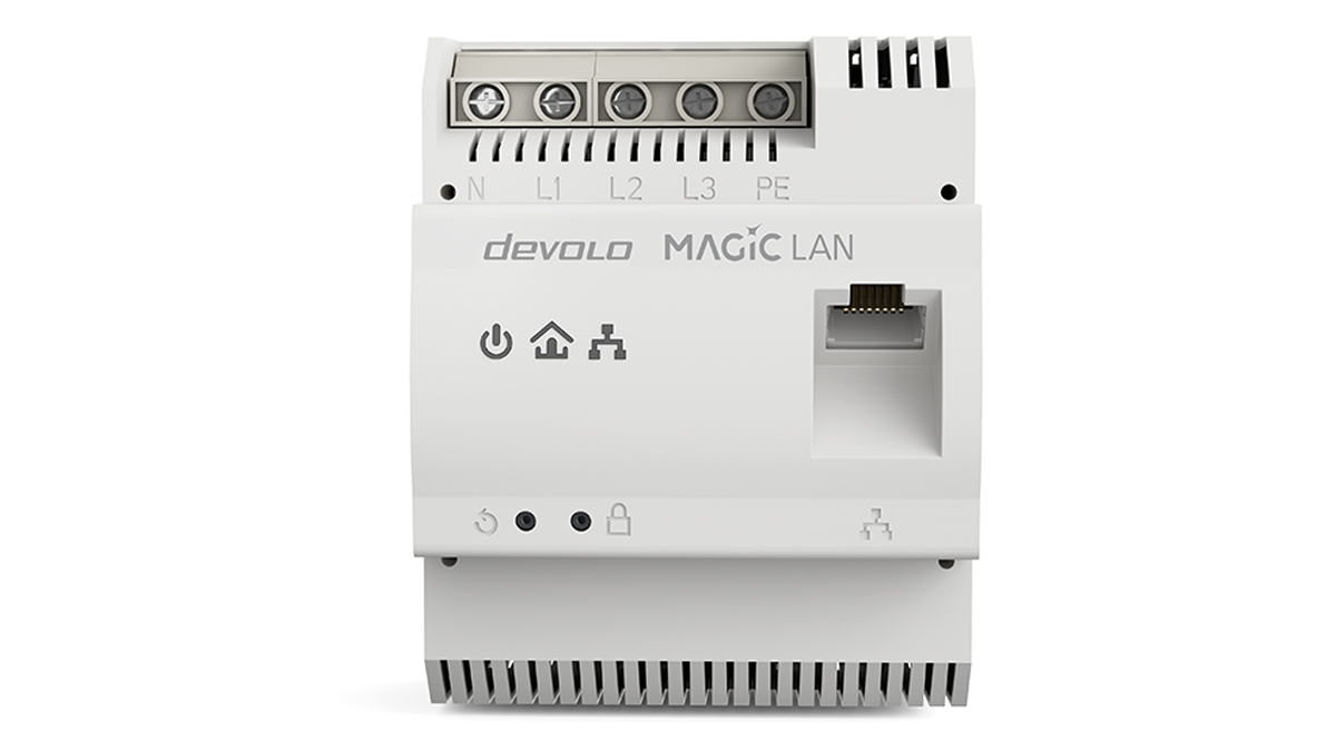 devolo Powerline Adapter Magic 2 LAN DINrail frontal präsentiert